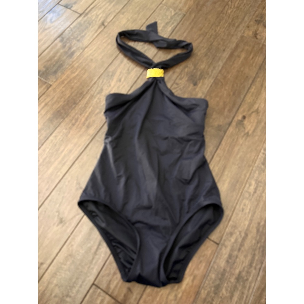 Michael Michael Kors One Piece Swimsuit Women 8 Black Hi Neck Maillot Gold